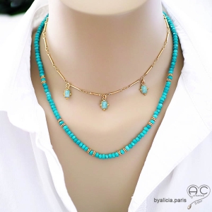 bijoux créateur en turquoise et plaqué or collier ras de cou choker femme fait main