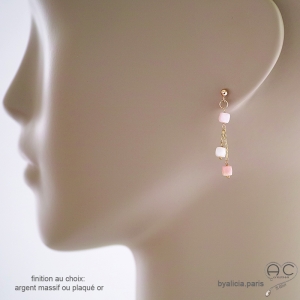 pierre opale rose boucles d'oreilles femme plaqué or ou argent raffinées délicates créateur fait à la main en France