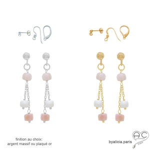 boucles d'oreilles rose femme courtes discréte fines pierre naturelle opale rose fait sur mesure en France