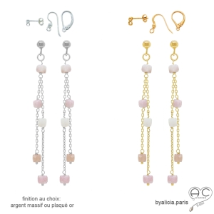 pierre opale rose boucles d'oreilles longues femme plaqué or ou argent raffinées délicates fait à la main en France