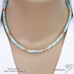 Collier ras de cou amazonite et pierre de soleil, vermeil ou argent, création by Alicia