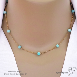 Collier, sautoir chaîne fine plaqué or ou argent avec amazonite pierre naturelle vert claire, création by Alicia