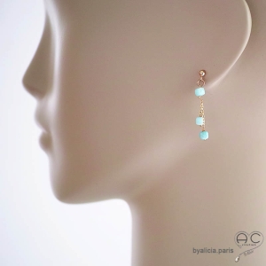 boucles d'oreilles verts claire femme courtes discréte fines pierre naturelle amazonite fait sur mesure en France