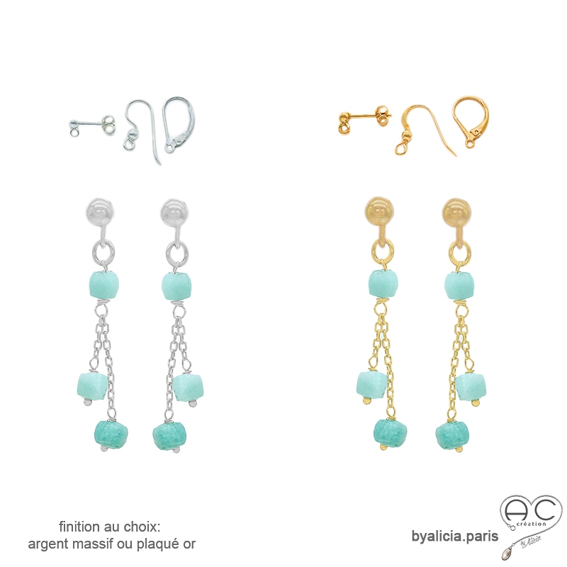 pierre amazonite boucles d'oreilles femme plaqué or ou argent raffinées délicates créateur fait à la main en France