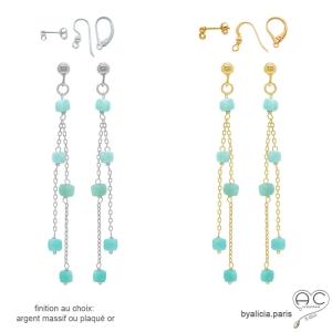 pierre amazonite boucles d'oreilles longues femme plaqué or ou argent raffinées délicates fait à la main en France