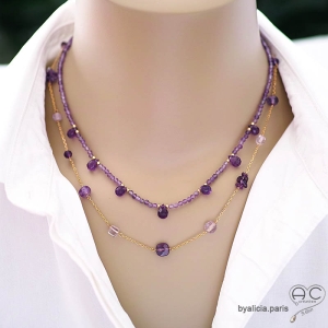 collier ras de cou créateur en améthyste pierre violette délicat raffiné fait à la main en France