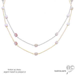 Collier, sautoir avec opale rose en cube facetté parsemée sur une chaîne fine en plaqué or ou en argent, création by Alicia