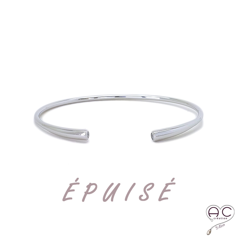 Bracelet jonc ouvert, zirconium brillant, argent 925 rhodié, femme