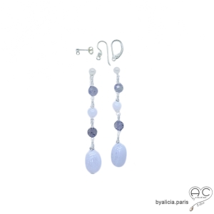 boucles d'oreilles bleues femme en calcédoine et iolite argent massif fait à la main en France