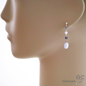 Boucles d'oreilles calcédoine bleue et saphir d'eau, cascade de pierres fines, argent massif, pendantes, création by Alicia