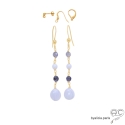 Boucles d\'oreilles calcédoine bleue et saphir d\'eau, plaqué or, longues, pendantes, création by Alicia