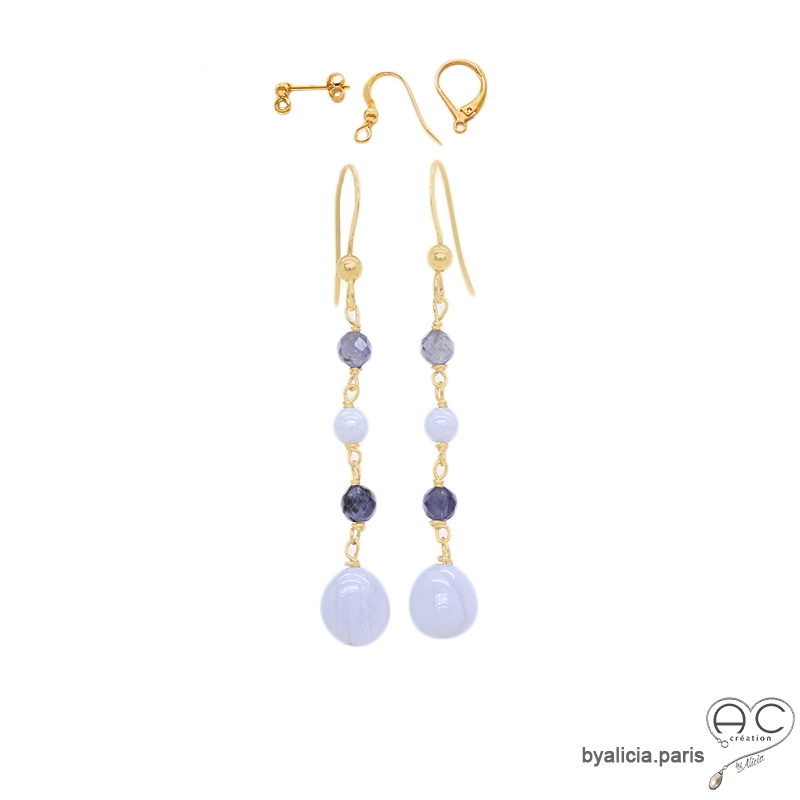 boucles d'oreilles bleues femme en calcédoine bleu et iolite plaqué or fait à la main en France