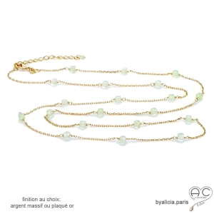 collier longue sautoir vert claire femme en plaqué or ou argent avec pierre préhnite fait main