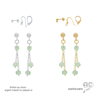 pierre préhnite boucles d'oreilles vert claire femme plaqué or ou argent raffinées délicates fait à la main en France