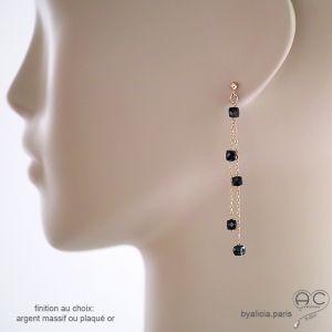 pierre spinelle noire boucles d'oreilles longues femme plaqué or ou argent raffinées délicates fait à la main en France