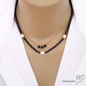 bijoux artisanaux en pierre naturelle noire spinelle collier ras de cou femme fait à la main en France