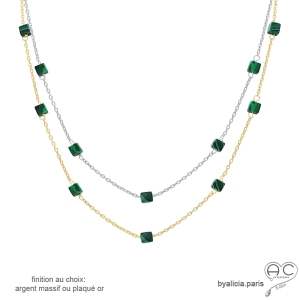 collier vert femme pierre malachite sur une chaîne fine argent ou plaqué or fait main sur mesure en France