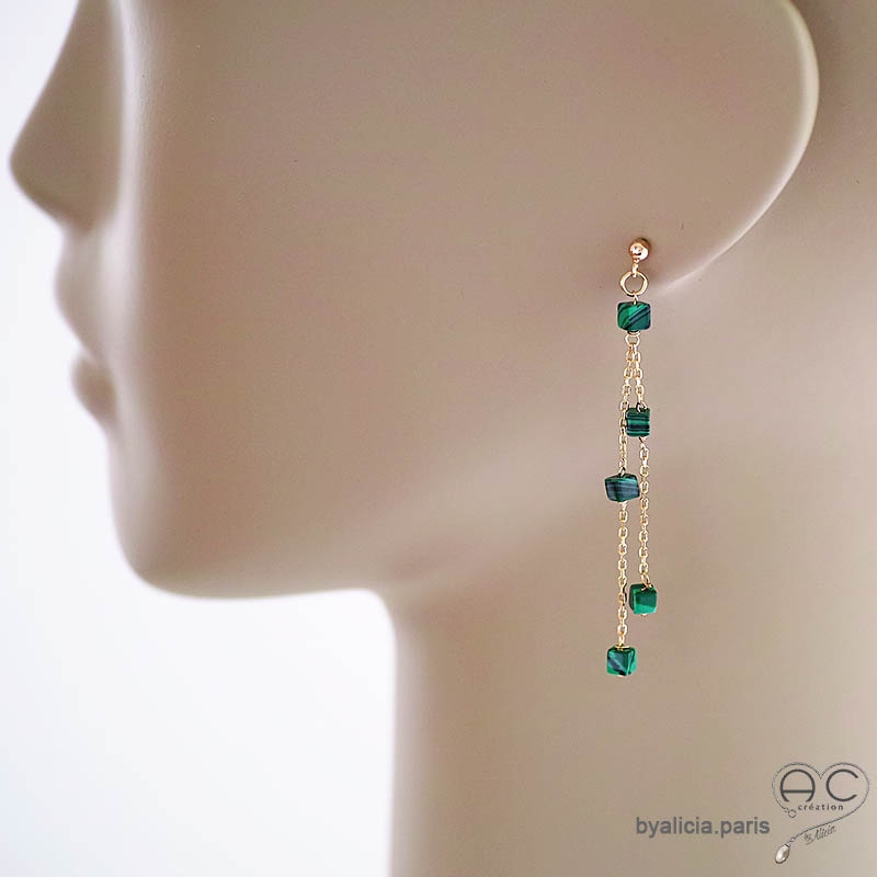 pierre malachite boucles d'oreilles vertes longues femme plaqué or ou argent raffinées délicates fait à la main en France