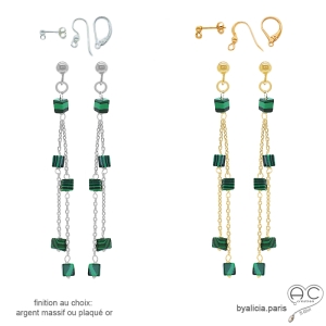 boucles d'oreilles malachite femme longues fines plaqué or ou argent pierre naturelle verte fait main sur mesure en France