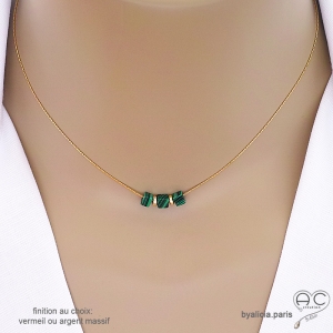 Collier ras de cou malachite sur une chaîne fine en vermeil ou argent, fait main sur mesure en France