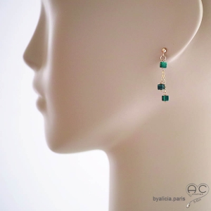 pierre malachite boucles d'oreilles vertes femme plaqué or ou argent raffinées délicates fait à la main en France