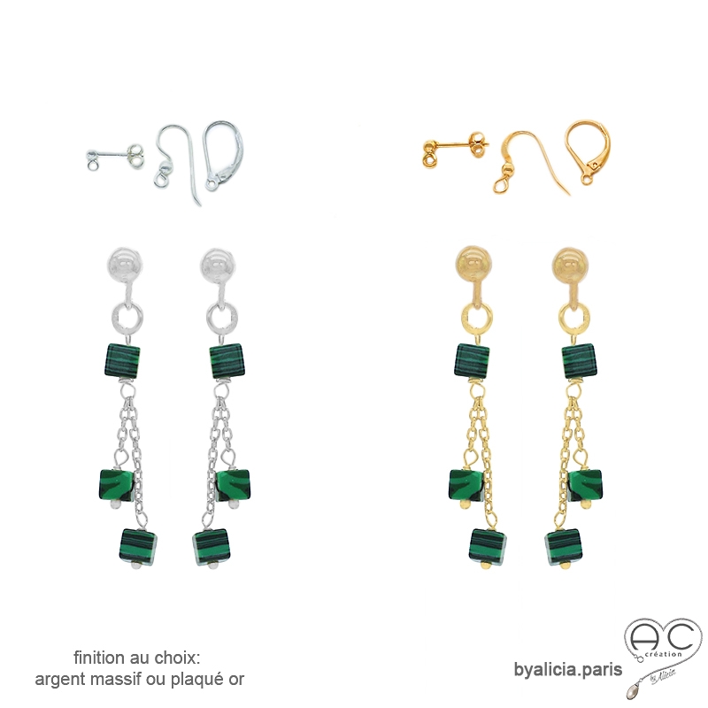 boucles d'oreilles vertes femme courtes discréte fines argent ou or pierre naturelle malachite fait sur mesure en France