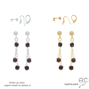 boucles d'oreilles rouges bordeaux femme courtes discréte fines argent ou or pierre naturelle grenat fait sur mesure en France