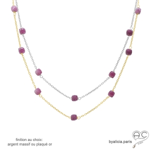 Collier, sautoir avec tourmaline rose en cube facetté parsemée sur une chaîne fine en plaqué or ou en argent, création by Alicia