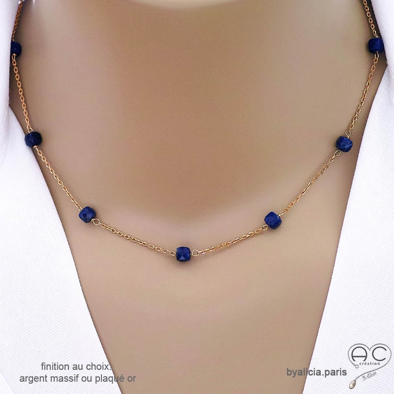 pierre lapis lazuli collier ras de cou en plaqué or ou argent fait à la main sur mesure en France