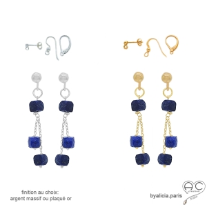 pierre lapis-lazuli boucles d'oreilles bleues femme plaqué or ou argent raffinées délicates créateur fait à la main en France