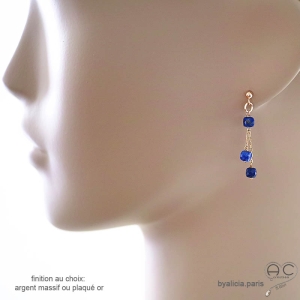 boucles d'oreilles bleues femme courtes discréte fines pierre naturelle lapis lazuli fait sur mesure en France