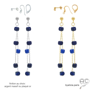 pierre lapis-lazuli boucles d'oreilles bleues longues femme plaqué or ou argent raffinées délicates fait à la main en France