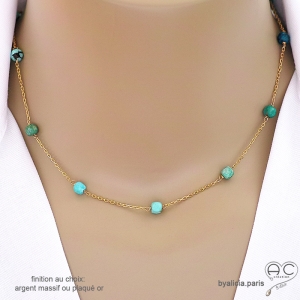 ras de cou choker turquoise femme chaîne fine plaqué or avec pierre turquoise véritable fait à la main en France