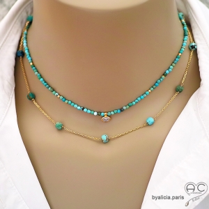 bijoux créateur en pierre turquoise véritable collier ras de cou sautoir fabriqué à la main sur mesure en France