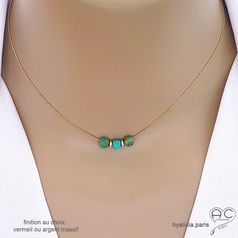 Collier ras de cou choker turquoise véritable sur une chaîne fine en vermeil ou argent, fait main, création by Alicia