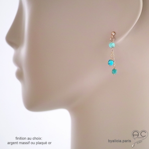 boucles d'oreilles turquoise véritable femme courtes discréte fines pierre naturelle fait sur mesure en France