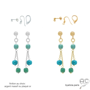 pierre turquoise véritable boucles d'oreilles femme plaqué or ou argent raffinées délicates créateur fait à la main en France