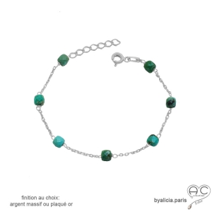 bracelet chaîne fine argent massif rhodié avec pierre turquoise véritable fait sur mesure à la main en France