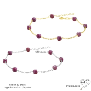 bracelet femme en chaîne fine plaqué or ou argent massif rhodié avec pierre tourmaline rose fait main sur mesure en France