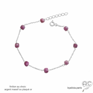 bracelet rose fushia femme en pierre tourmaline sur une chaîne fine en argent massif fait sur mesure à la main en France