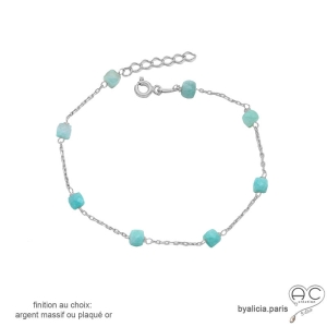 amazonite bracelet fin femme en chaîne argent massif rhodié et pierre naturelle fait sur mesure à la main en France