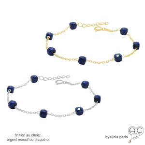 bracelet lapis-lazuli sur une chaîne en plaqué or ou argent massif rhodié fait à la main sur mesure en France