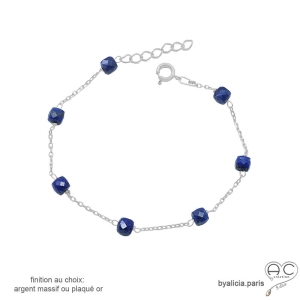 pierre lapis-lazuli bracelet femme en chaîne fine argent massif rhodié et pierre naturelle fait sur mesure à la main