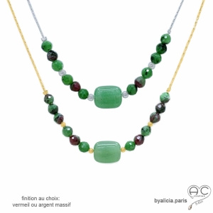 collier vert femme en aventurine et rubis zoïsite sur une chaîne vermeil ou argent fait main sur mesure en France