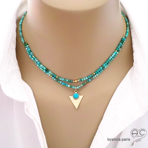 bijoux créateur en pierre turquoise collier ras de cou pendentif plaqué or 750 3MIC