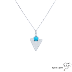 pierre turquoise pendentif en argent massif en forme de triangle ras de cou raffiné femme