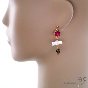 boucles d'oreilles rouges femme en rubis perle baroque et quartz fumé fait main sur mesure en France