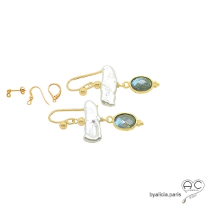 boucles d'oreilles créateur en perle baroque et pierre naturelle labradorite fait à la main en France