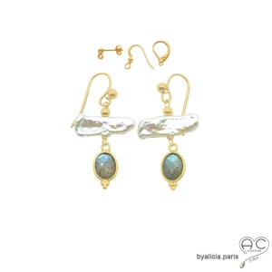 perle baroque et labradorite boucles femme plaqué or fabriqué à la main sur mesure en France