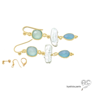 bijoux créateur boucles d'oreilles bleues femme en pierre naturelle et perle baroque fait sur mesure à la main en France